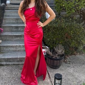 red satin prom dress